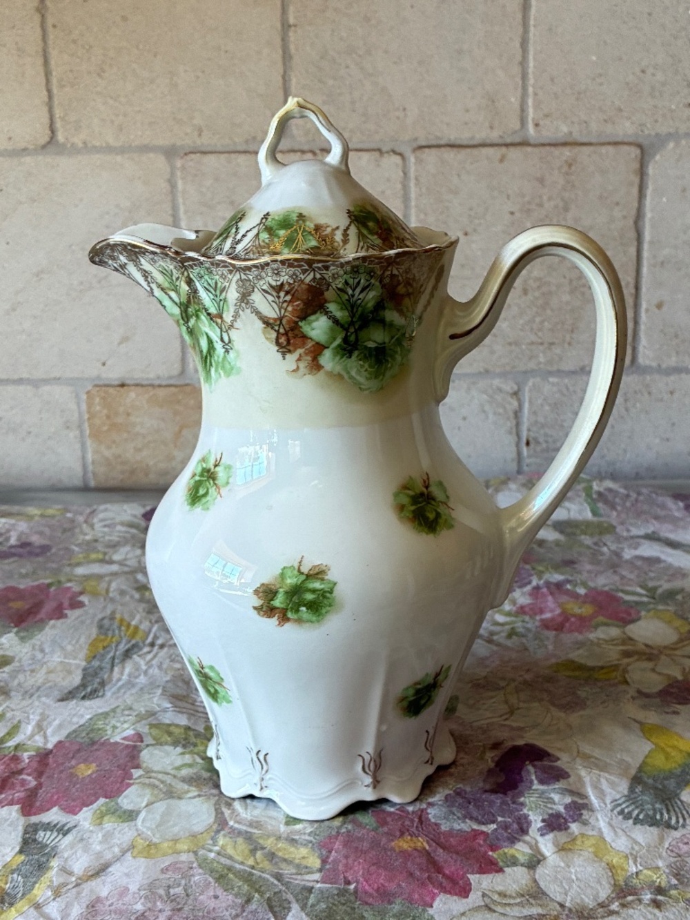 Antique Chocolate Pot Green Floral Gold Trim